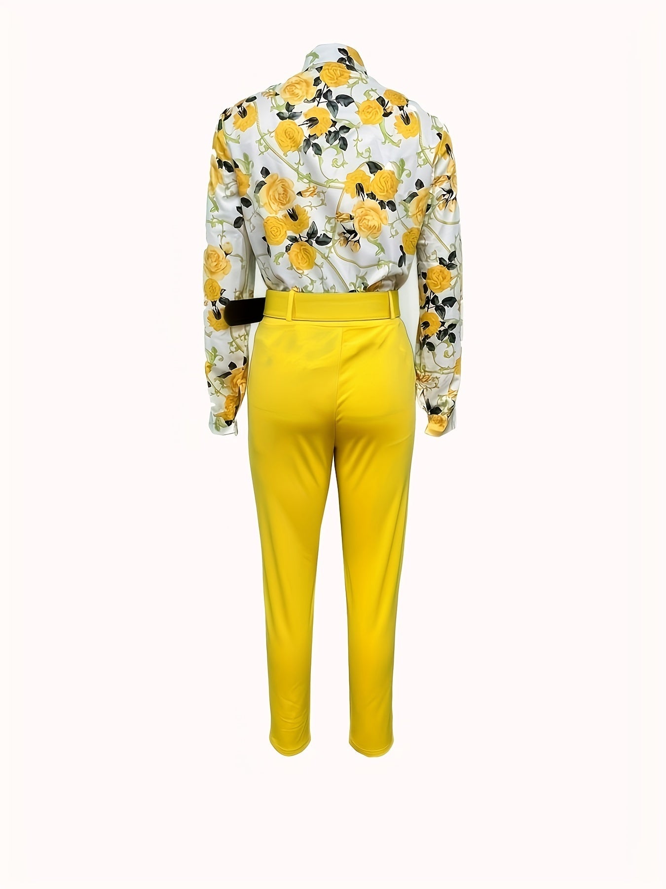 Print V Neck Long Sleeve Blouse & Belted Tapered Pants Td0870
