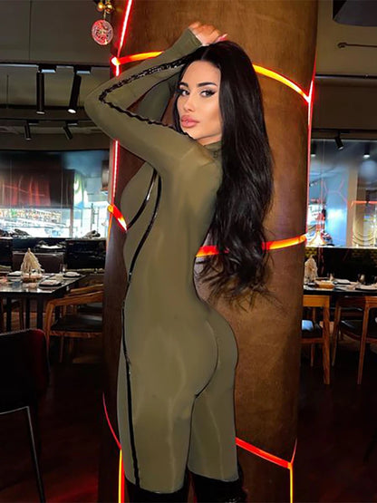 Sports Leather Zipper Tight Hip Jumpsuit Spring Long Sleeve Patchwork Ribbon Split Line Rompers Overalls