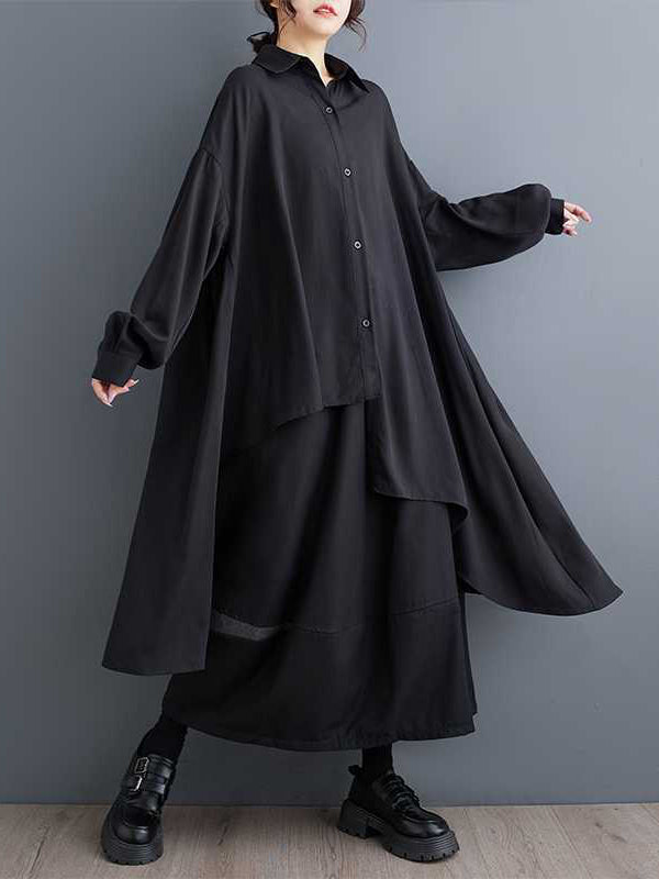 Original Black Lapel Asymmetric Buttoned High-low Hem Long Sleeve Blouse Tw009