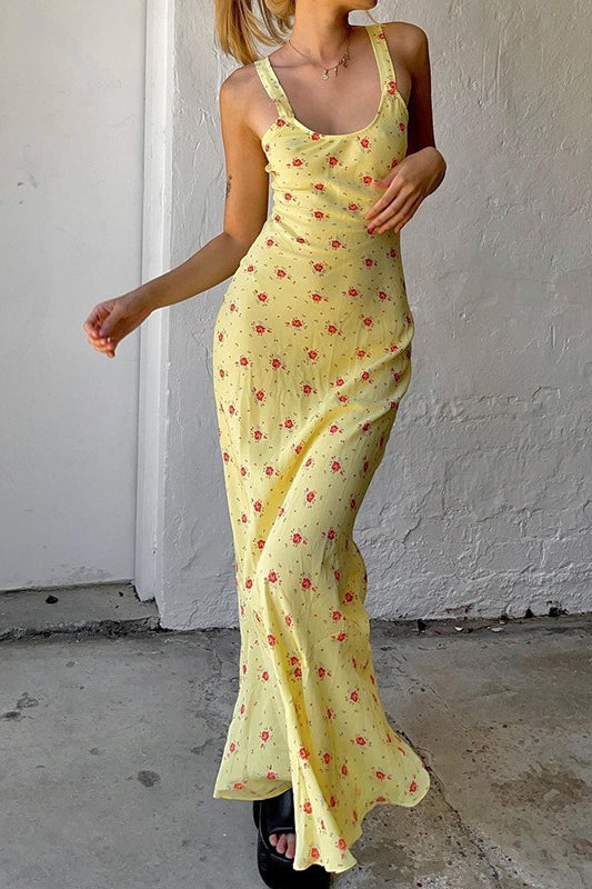 U Neck Print Ruched Cami Maxi Dress