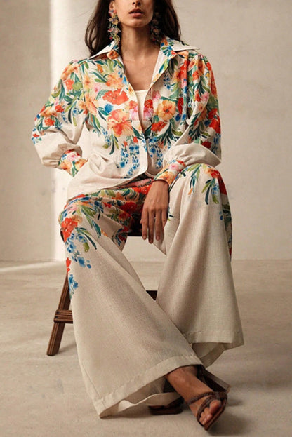 Print Lapel Long Sleeve Shirt and Elastic Waist Pocket Wide Leg Pants Set