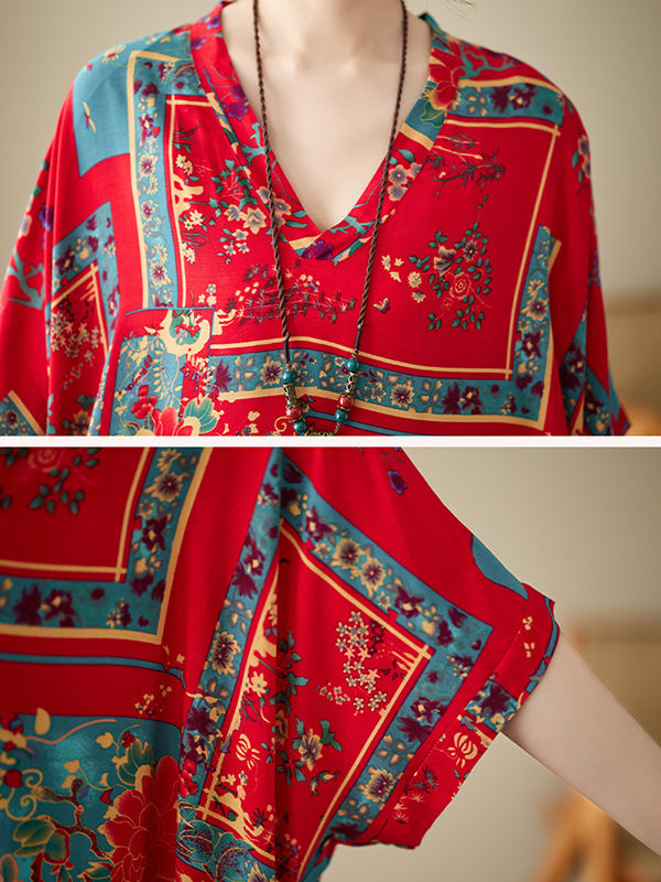 Loose Short Sleeves Printed Multi-colored V-neck Maxi Dresses
