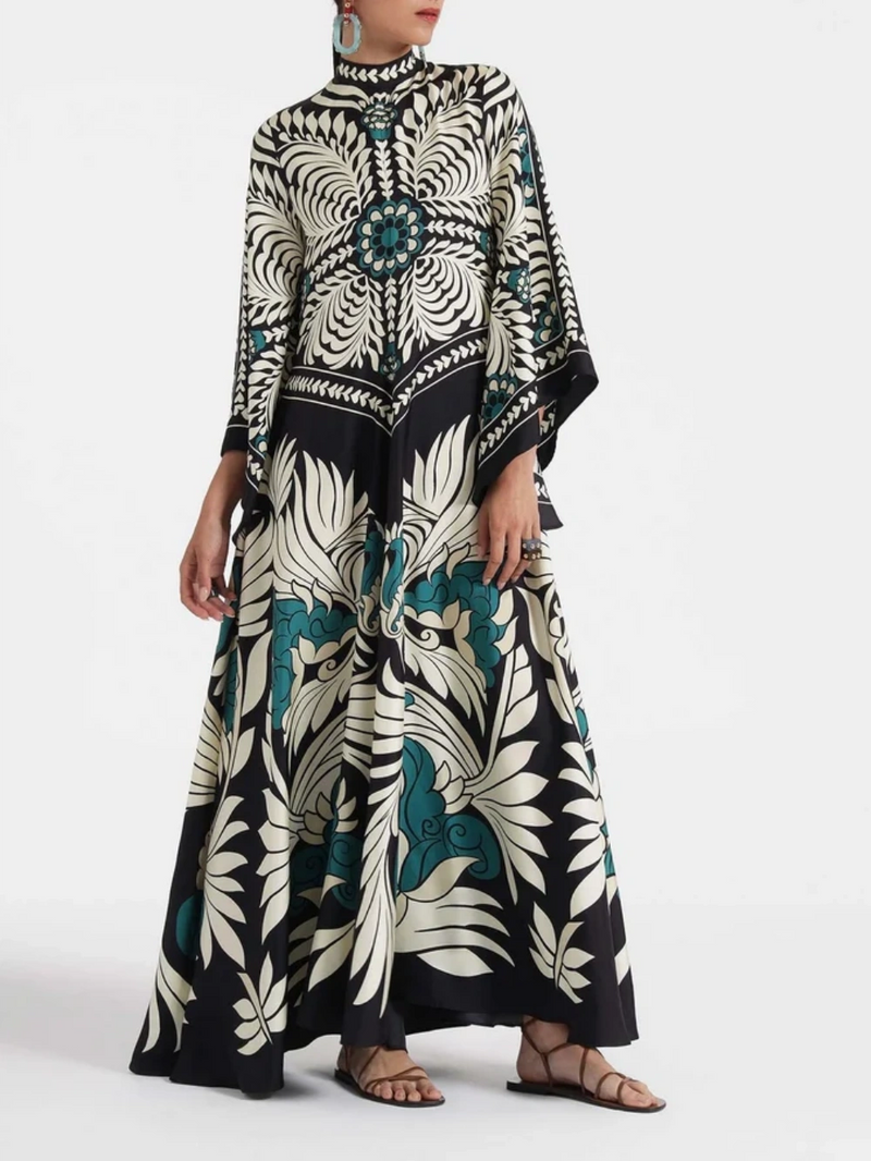 Elegance Print Waterfall Sleeves Maxi Dress