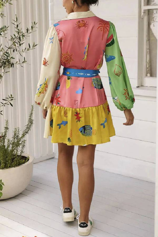 Graffiti Print Lace-up Cardigan Loose Short Dress With Wide Hem