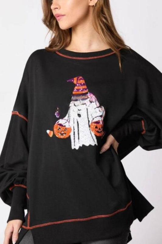Halloween Ghost Sequined Sweatshirt Embroidered Top