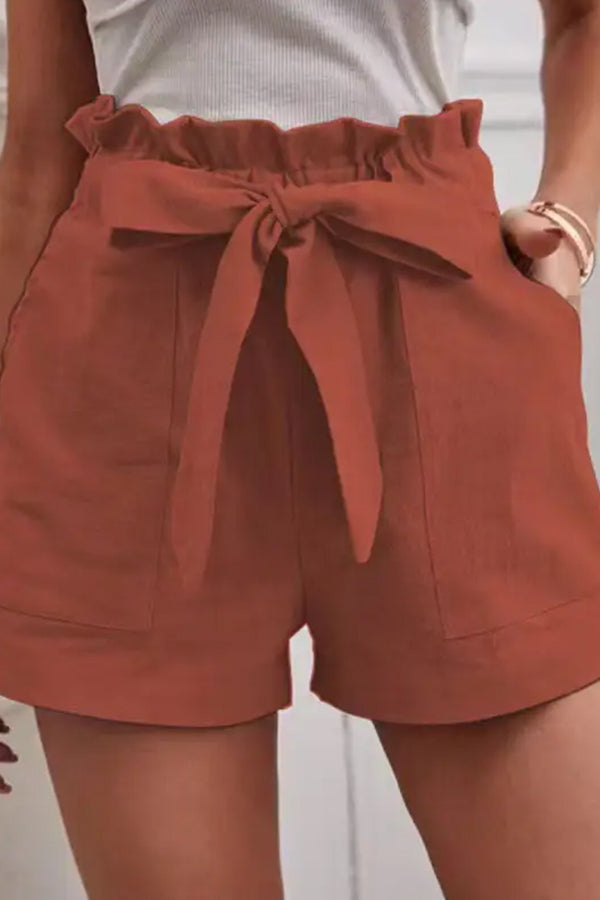 Loose Color Elastic Waist Tie Shorts