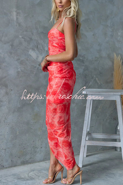 Saloni Mesh Print Twist Ruched Detail Irregular Hem Stretch Maxi Dress