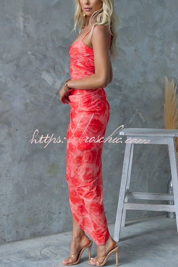 Saloni Mesh Print Twist Ruched Detail Irregular Hem Stretch Maxi Dress