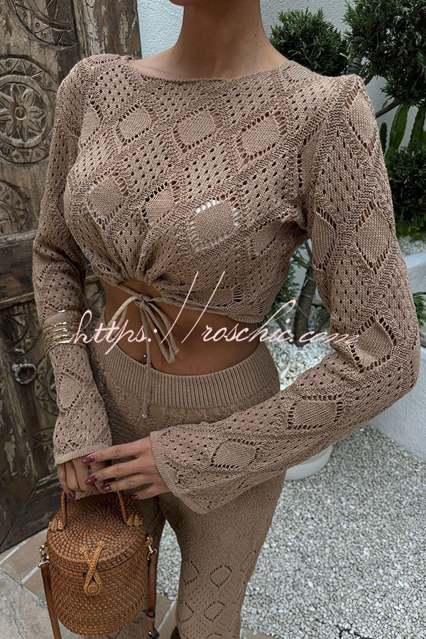 Color Hollow Short Long-sleeved Top and Stretch Wide-leg Pants Knitted Set