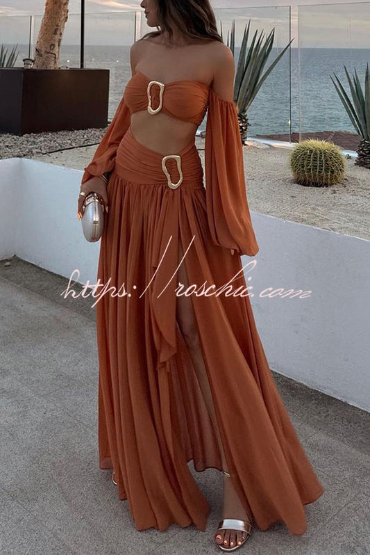 Vacation Chiffon High Rise Flowy Asymmetrical Drape Maxi Skirt