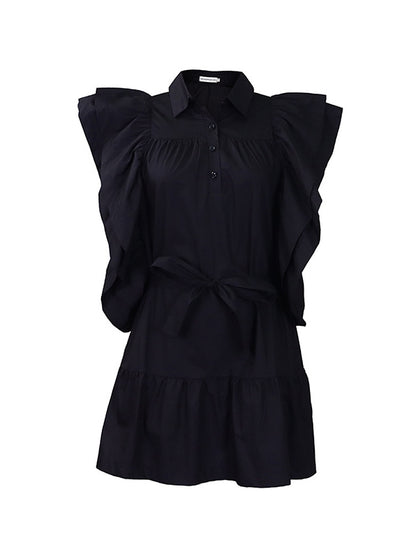 A-line High Waisted Buttoned Pleated Ruffled Color Tied Waist Lapel Mini Dresses
