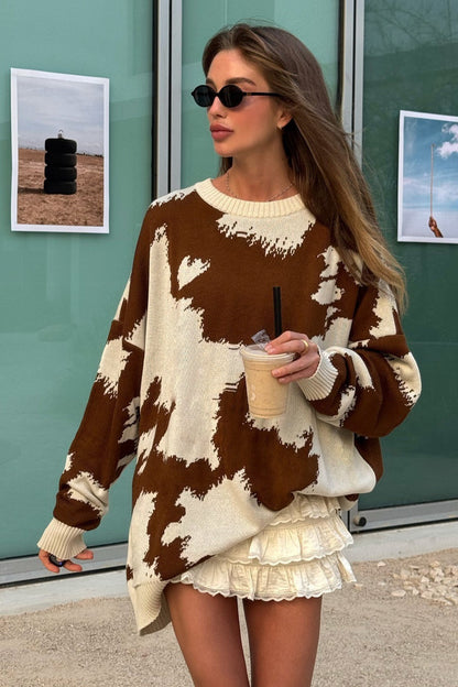 Camo Crew Neck Loose Knit Sweater
