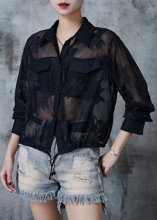 Black Tulle Upf 50+ Coat Jacket Embroidered Drawstring Summer