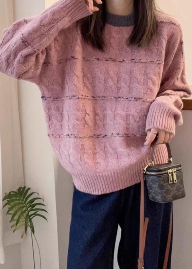 New Pink O Neck Cozy Patchwork Knit Sweaters Fall Qx028