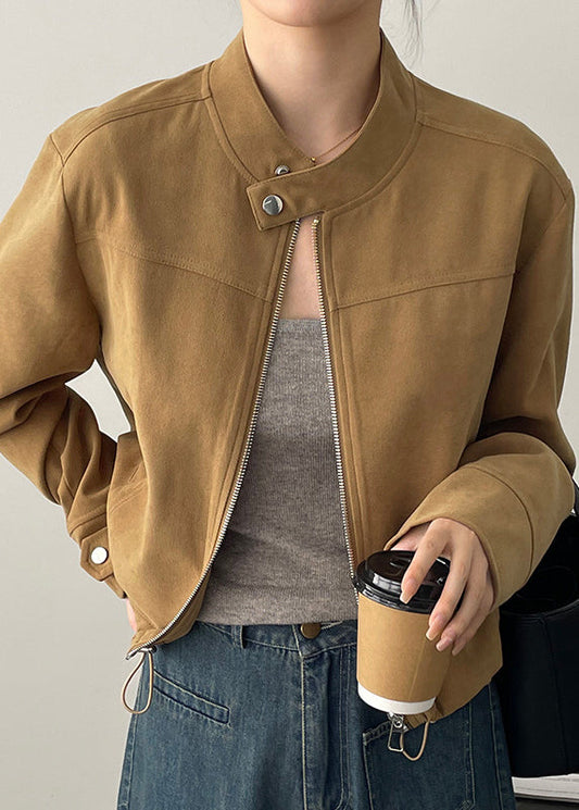 Brown Stand Collar Zippered Faux Suede Coats Fall Wd006