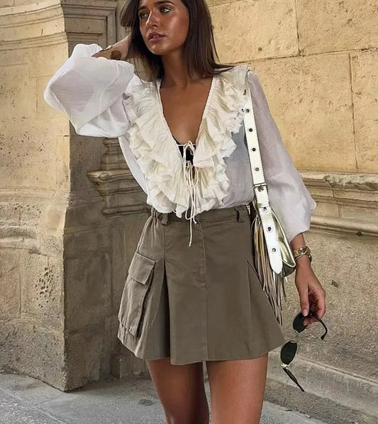 V-neck Lantern Long Sleeve Blouse
