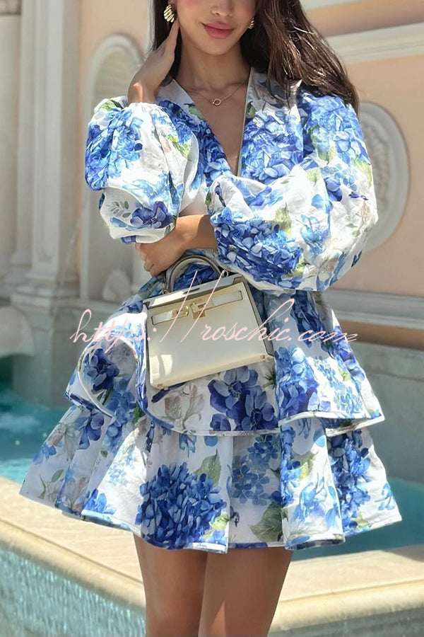 Feminine and Print Deep V-neck Balloon Sleeve Tiered Mini Dress