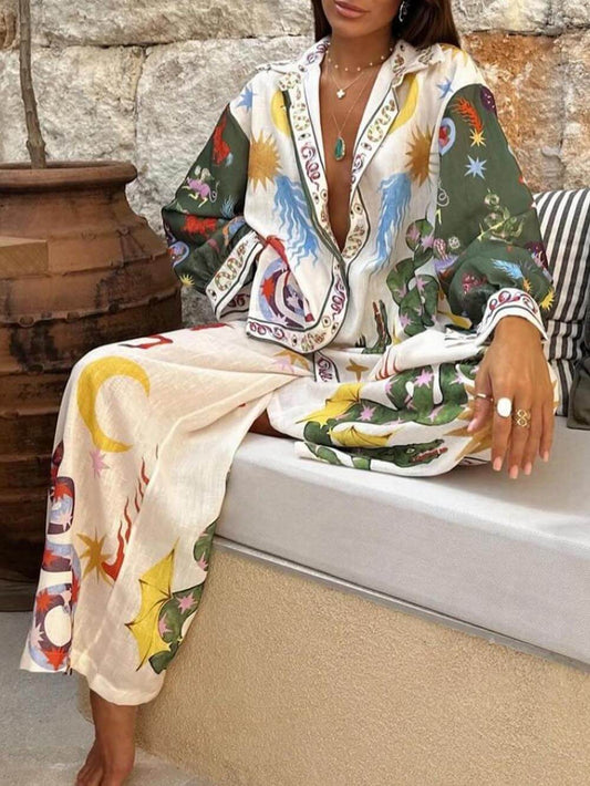 Printed Long Sleeve Shirt and Loose Pants Set