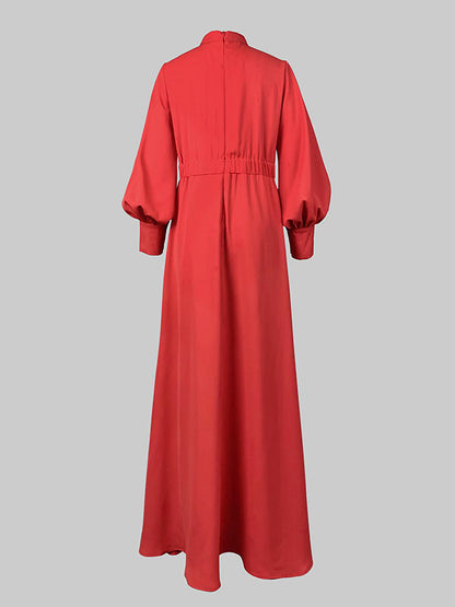Long Sleeves Loose Buttoned Hollow Color Split-joint Round-neck Maxi Dresses