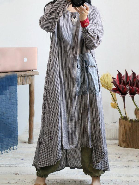 Loose Linen Plaid Round-neck Long Dress