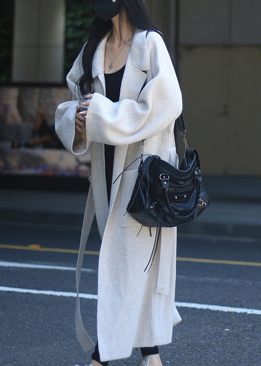 Style Beige Peter Pan Collar Tie Waist Knit Loose Cardigans Winter Rv035