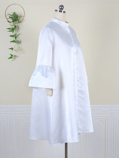 Urban Buttoned Color Stand Collar Flared Sleeve Loose Midi Dress