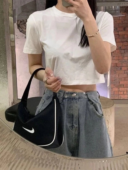T-shirt Cropped Minimalist Slim Preppy Basic Tops Korean Style Popular