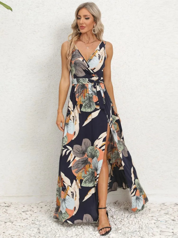 Summer Flower Print Sleeveless Long Dresses V-neck Slim Leace-up Slit Dress Female Commuting Vacation Vestido