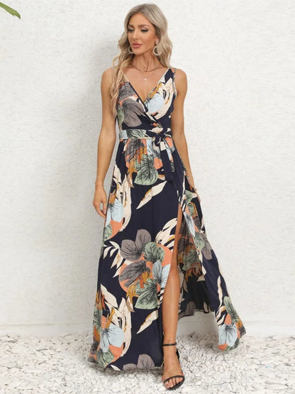 Summer Flower Print Sleeveless Long Dresses V-neck Slim Leace-up Slit Dress Female Commuting Vacation Vestido