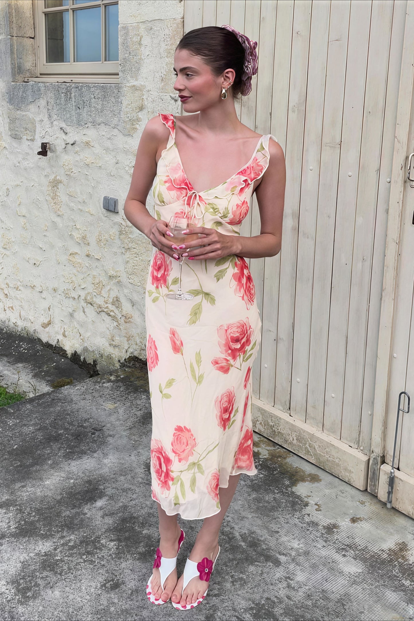 Print Mesh V Neck Cami Midi Dress