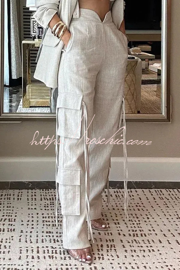 Stylish Lapel Long Sleeve Loose Jacket and Pocket Lace-up Straight Leg Pants Set