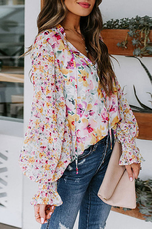 Sweet Flower Print Balloon Sleeve Blouse