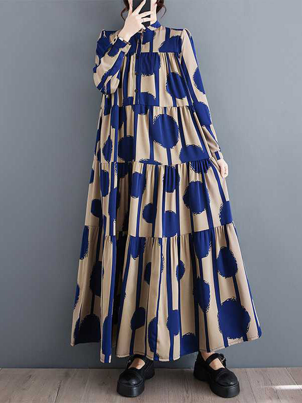 A-line Long Sleeves Buttoned Pleated Polka-dot Split-joint Stand Collar Maxi Dresses Shirt Dress