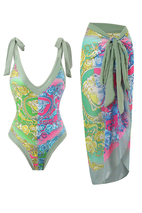 Full of Sunshine Printed Shoulder Tie One-piece Swimsuit With Midi Cover-up Skirt