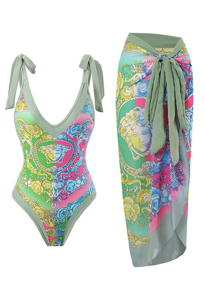 Full of Sunshine Printed Shoulder Tie One-piece Swimsuit With Midi Cover-up Skirt
