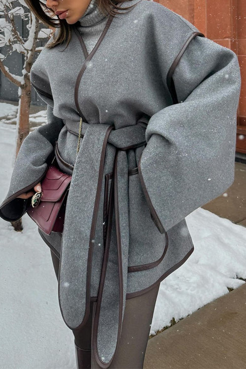 Open Front Pocketed Splice Coat With Belt