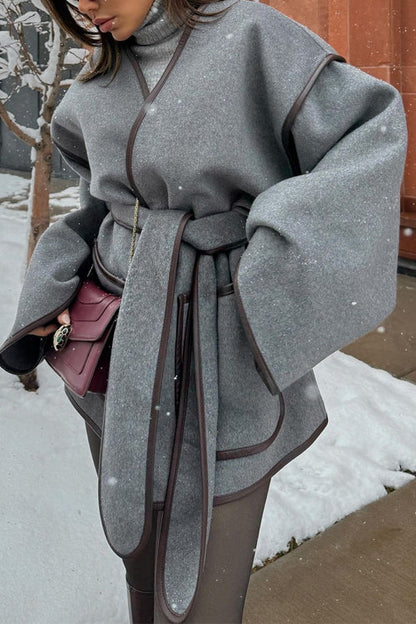 Open Front Pocketed Splice Coat With Belt