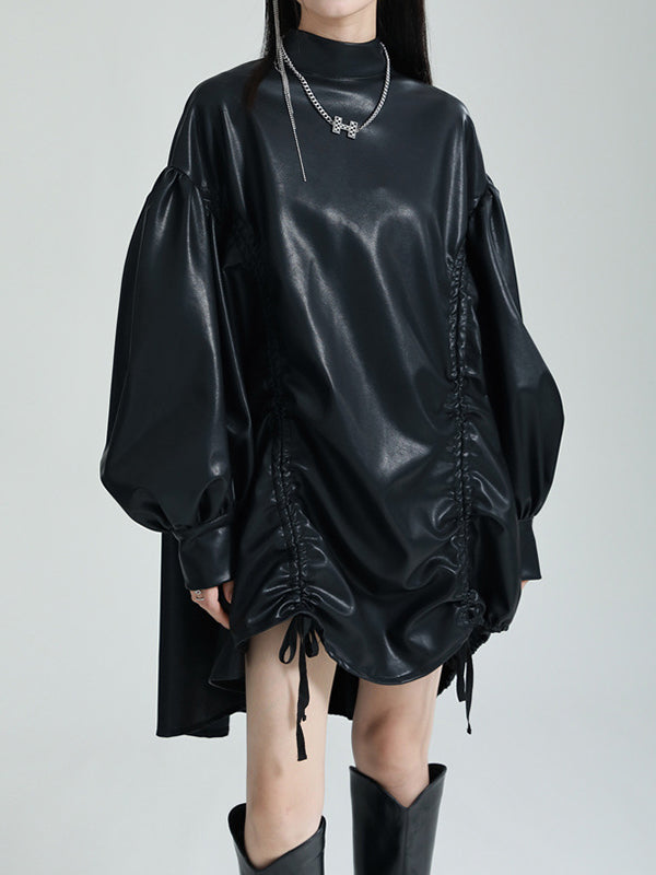 High-low Long Sleeves Drawstring Pleated Color Stand Collar Mini Dresses