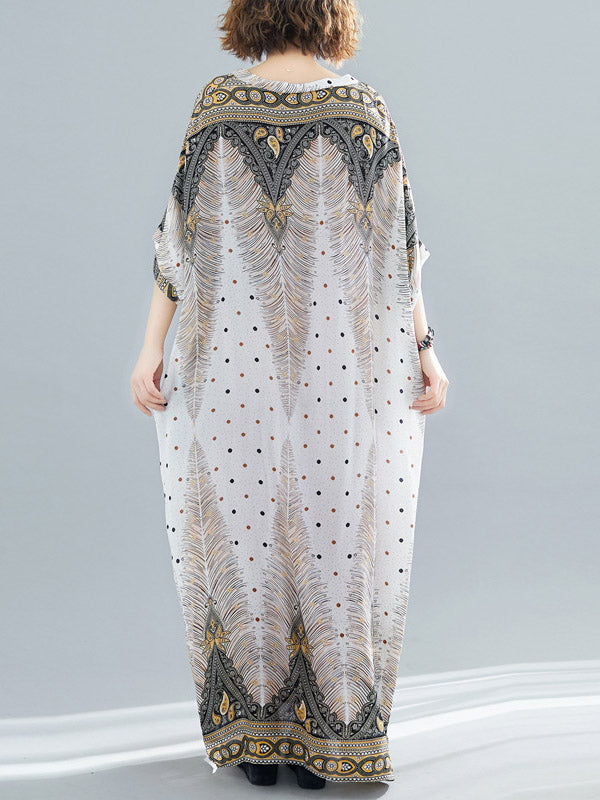 Printed V-neck Batwing Sleeve Maxi Dress