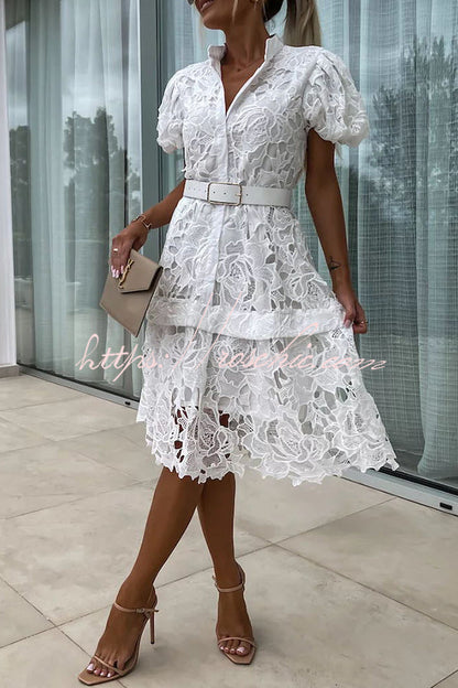 Absolutely Crochet Lace Puff Sleeve Belted Shirt Midi Dress
