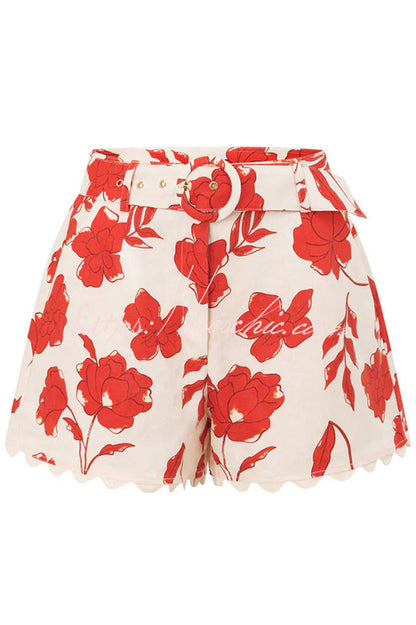 Ellora Linen Blend Wave Trim Short Sleeve Shirt and Belt Pocketed Loose Shorts Set