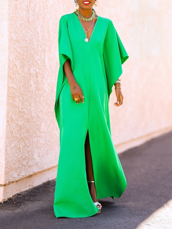 Batwing Sleeves Loose Color Split-side V-neck Maxi Dresses