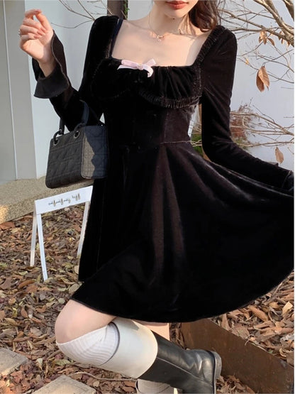 Sweet Black Velvet Mini Dress Flare Sleeve Square Collar Autumn Winter France Birthday Party Kawaii Vestidos New