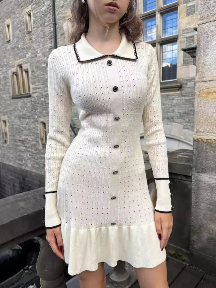Autumn Long Sleeve Knit Dress for Lapel Single-btrasted Button High Waist Ruffled Mini Dress Knitwear