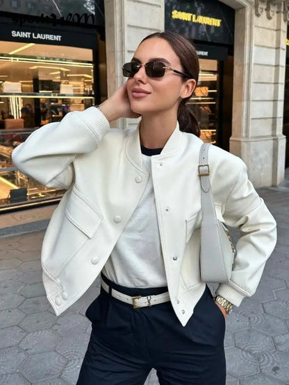 New Pocket Short Coat Long Sleeve Button Cardigan O Neck Stree Stand Collar Jackets for Woman
