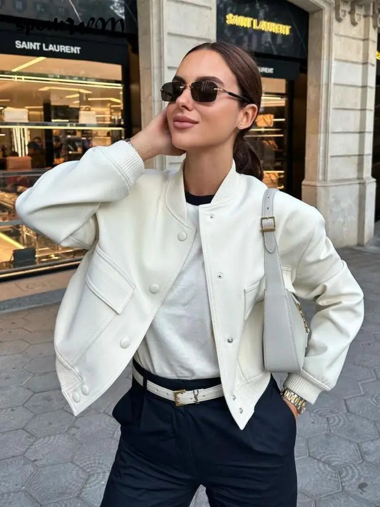 New Pocket Short Coat Long Sleeve Button Cardigan O Neck Stree Stand Collar Jackets for Woman