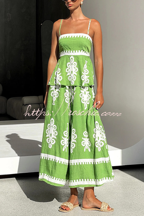Unique Print Suspender Pleated Top and Elastic Waist Loose Wide-leg Pants Set