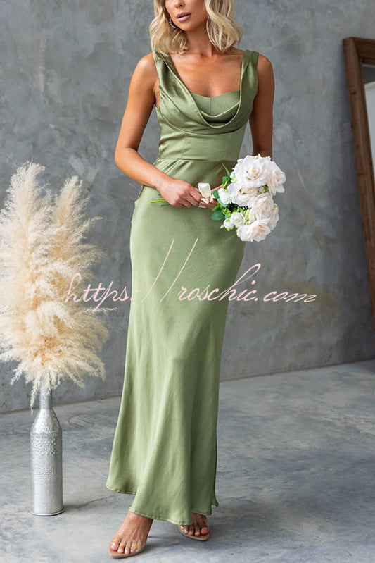 Muse Satin Color Cowl Neck Back Tie-up Maxi Dress