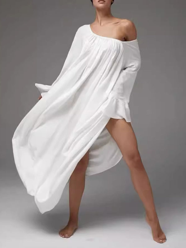 A-line Flared Sleeves Pleated Color Split-joint Round-neck Maxi Dresses