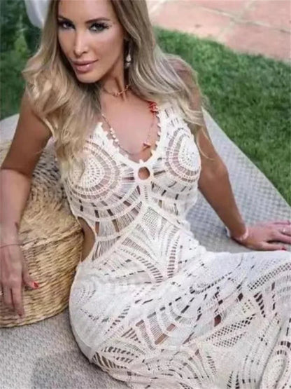 V-neck Hollow Out Maxi Dress Knit – Sleeveless High Waist Party Dress